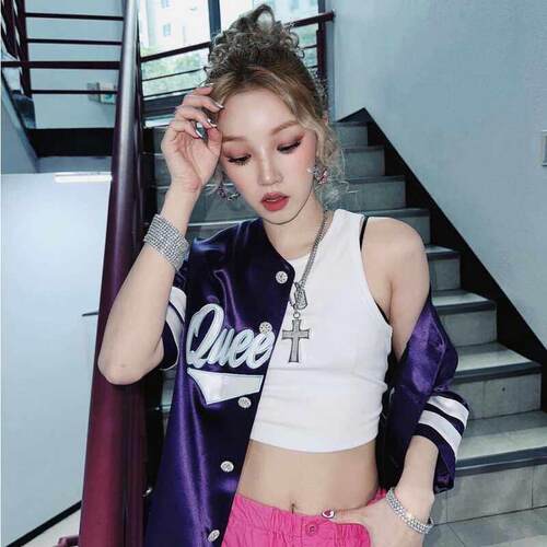 gidle宋雨琦同款Kpop女团打歌服演出服爵士嘻哈街舞粉色工装长裤