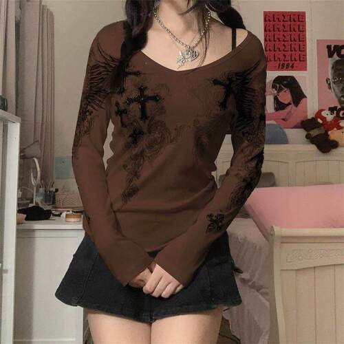 Long Sleeve Tops y2k Women Clothes Fairycore Grunge Tee女装