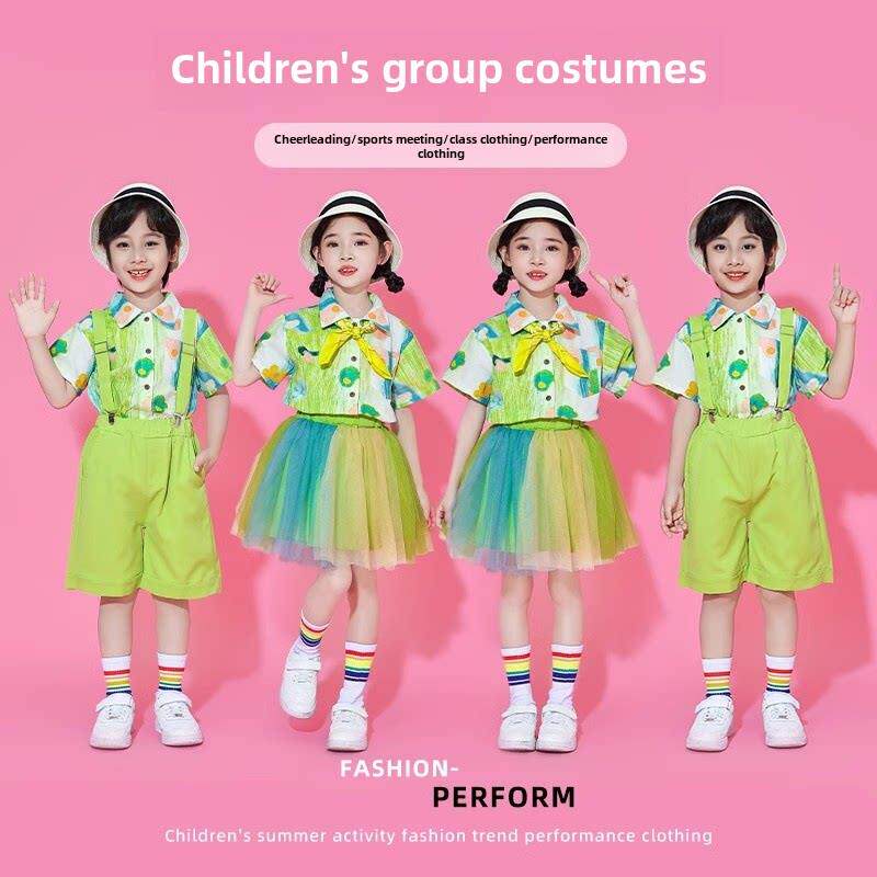 儿童啦啦队表演服装幼儿园毕业照片合唱舞蹈班制服小学工装裤薄纱