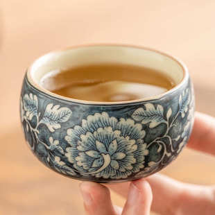 复古主人杯单杯高档精致品茗杯子 繁花似锦汝窑开片茶杯禅定杯中式