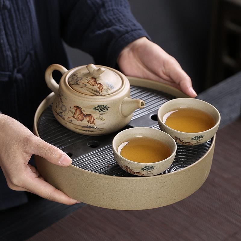 粗陶干泡盘家用办公圆形全陶瓷储水式茶盘简约复古小茶台茶承托盘