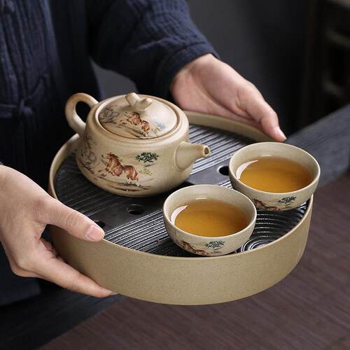 粗陶干泡盘家用办公圆形全陶瓷储水式茶盘简约覆古小茶台茶承托