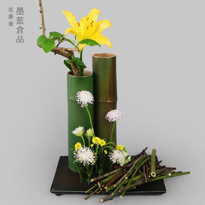 仿真竹子陶瓷插花竹筒花瓶现代简约创意竹节壁挂花器日式花道器皿