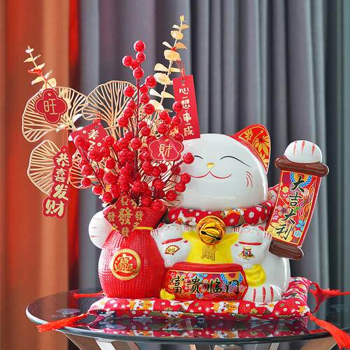开业乔迁之喜礼物摆件招财猫新年春节福桶喜庆彷真花新居店铺礼品