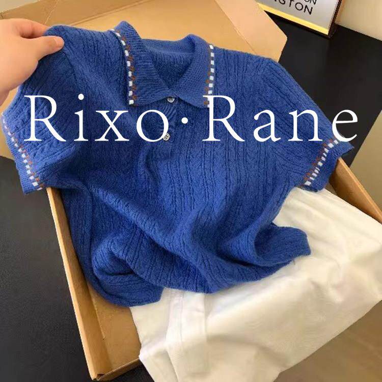 法国Rixo Rane克莱因蓝Polo领正肩冰丝针织短袖t恤女修身上衣潮