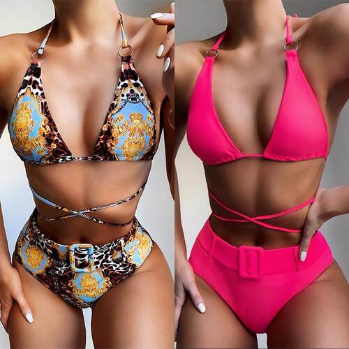 Swimsuit Bikini High Waist Printed Neck Hanging Bikini