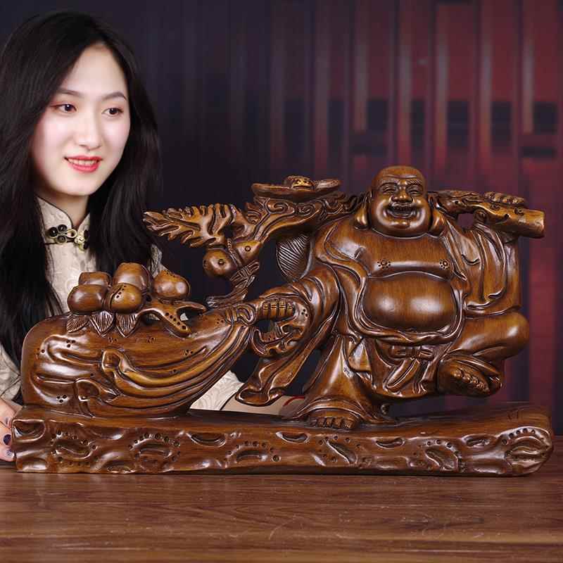 招财弥勒佛像摆件实木雕钱袋笑佛客厅公司办公室桌面装饰开业礼品