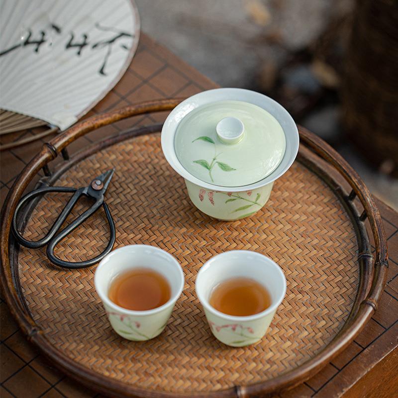 念云居三才盖碗釉下彩手绘风信小清新带盖泡茶碗日式胎薄陶瓷茶杯