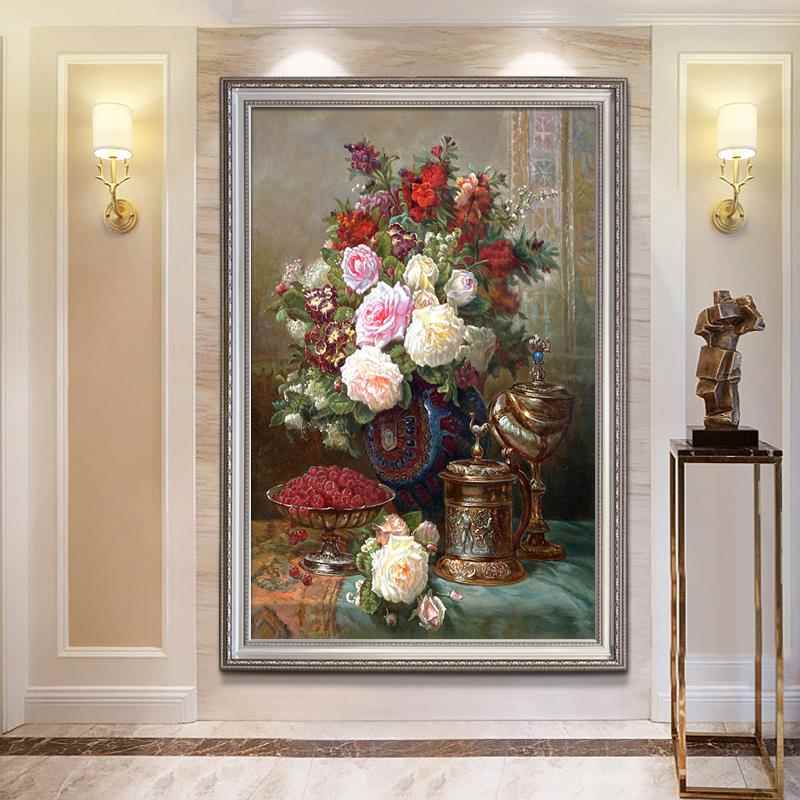 网红廊美式花卉过牡丹静物入户画玄关纯手绘油画欧壁式走道装饰挂图片