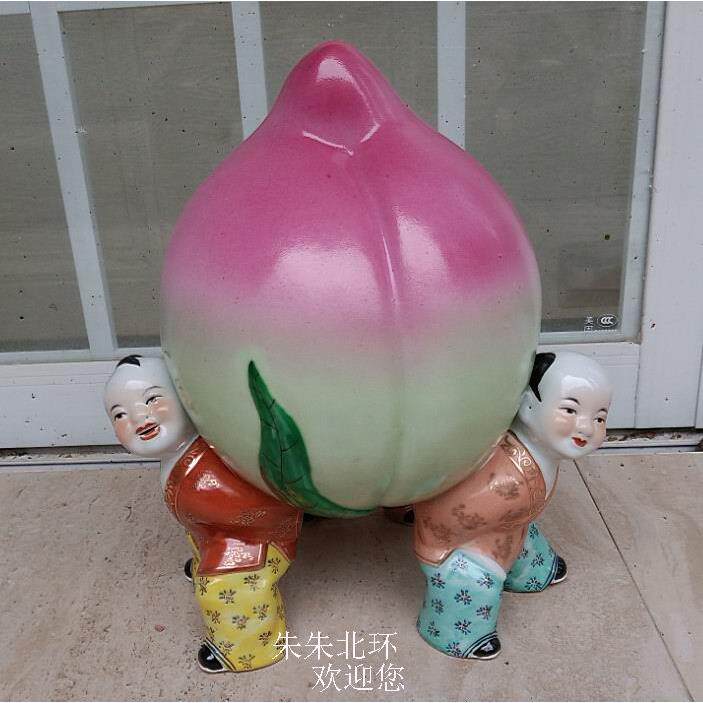 景德镇雕塑陶瓷三童子献寿桃大中小瓷娃娃扛仙桃寿星祝寿礼品摆件