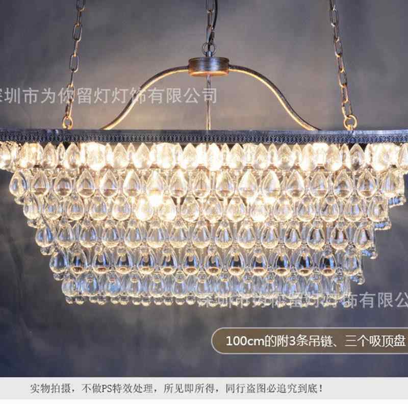 新款直销美式复古轻奢水晶吊灯长方形铁艺风创意简约别墅餐厅客厅