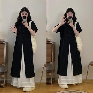 氣質寬松襯衫 短袖 復古別致長款 花邊闊腿長褲 兩件套裝 女夏季 新中式