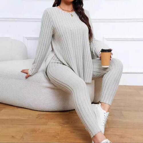 2 Piece Set Plus Solid Ribbed Knit Split Hem Tee High Waist
