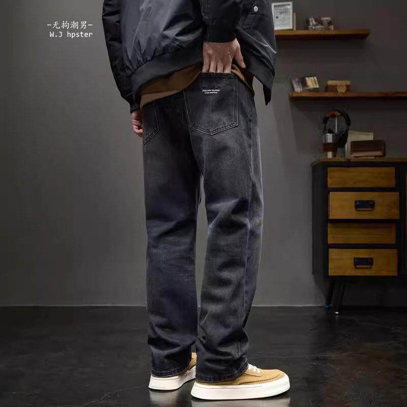 it neith BIAS潮牌复古水洗做旧牛仔裤男春秋宽松直筒加绒休闲裤