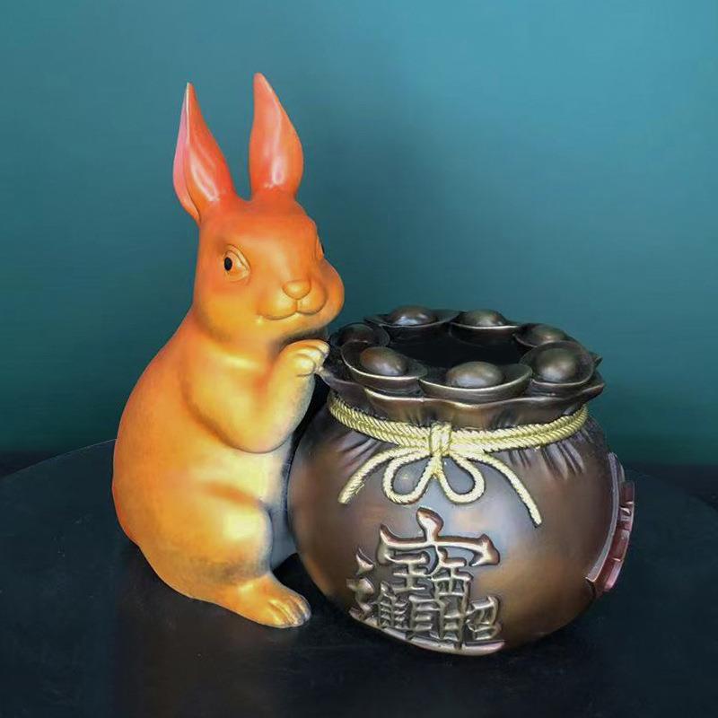 兔年新品福财兔聚宝盆铜摆件工艺品家居办公室客厅电视柜装饰品