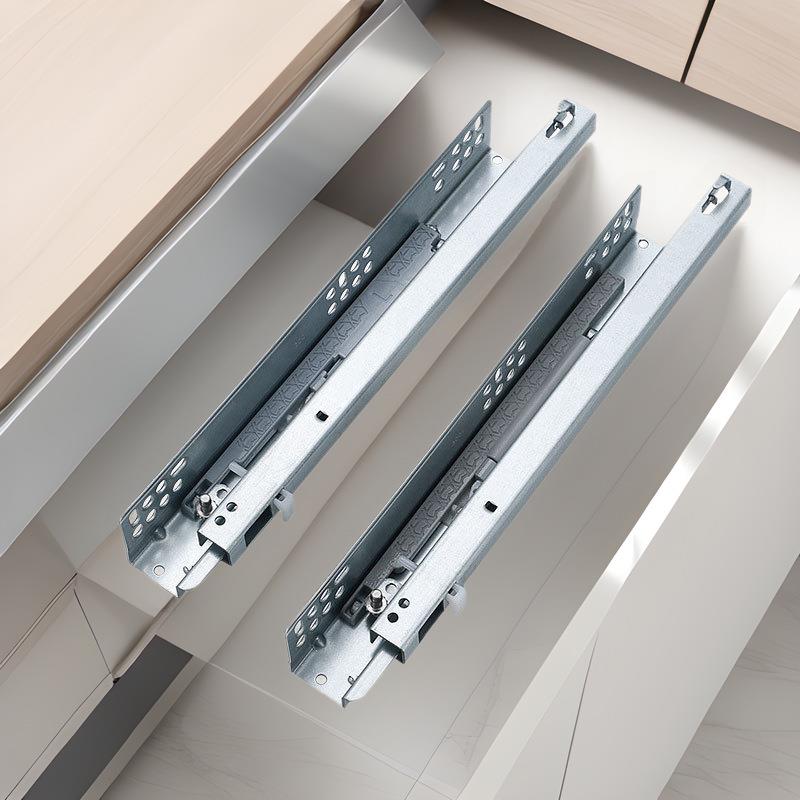插销款三节隐藏式滑轨托底式底装滑轨抽屉柜子缓冲暗藏式阻尼导轨