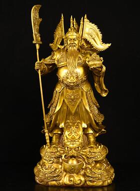 黄铜关公摆件 铜九龙关公 家居办公桌面装饰供奉礼品工艺品