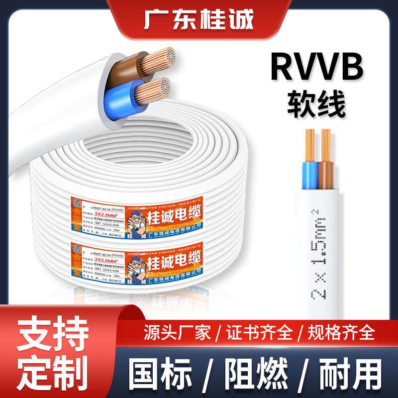 桂诚电缆国标RVVB铜芯扁形护套线2芯0.5/1.5/4平方平行电线软芯线