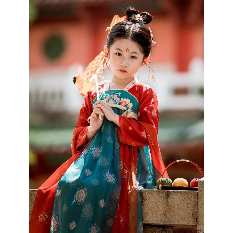 女童汉服唐代红蓝配色万针刺绣襦裙春夏小女孩中国风复古端午表演