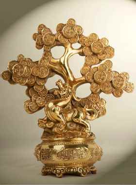 杨铜记 铜聚宝盆树家居办公室铜摇钱树摆件 铜貔貅摇钱树