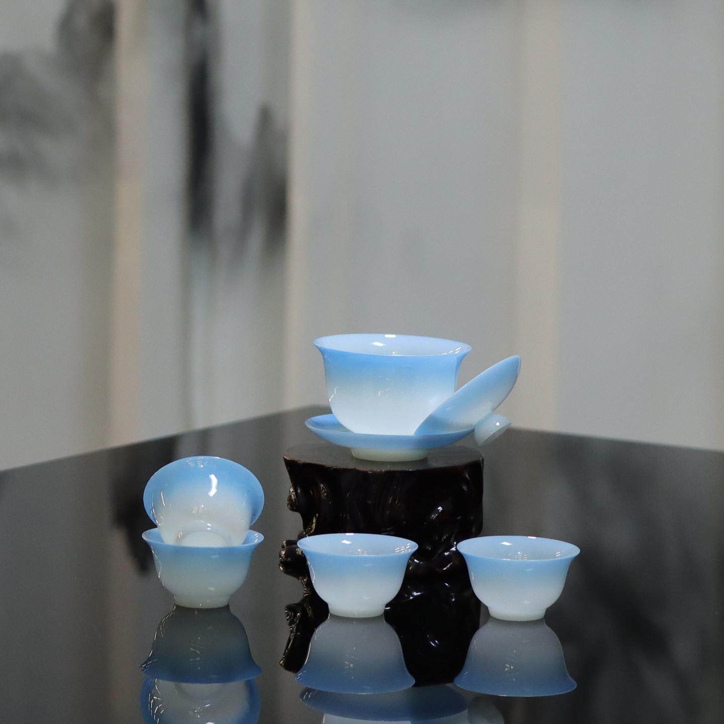 仙气新中式璞玉陶瓷冰种功夫茶具渐变色茶杯三才盖碗茶备套装热卖