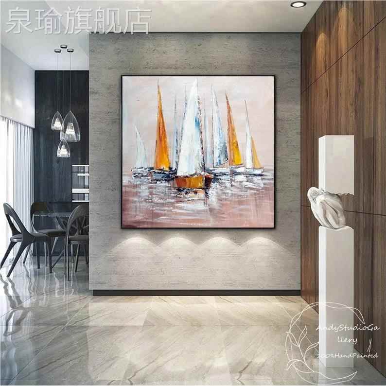 网红大芬村绘油画挂北肌理欧抽象帆船厅装客饰画美式餐卧室手轻厅