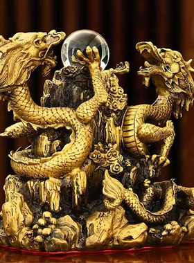 纯铜二龙戏珠摆件 生肖龙家用办公摆件 金属制双龙戏珠工艺品摆饰