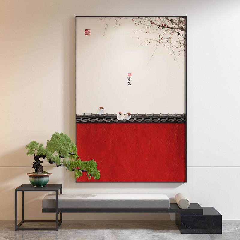 新中国风客厅入口装饰画中国风红梅挂画中国风建筑背景墙无障碍豪