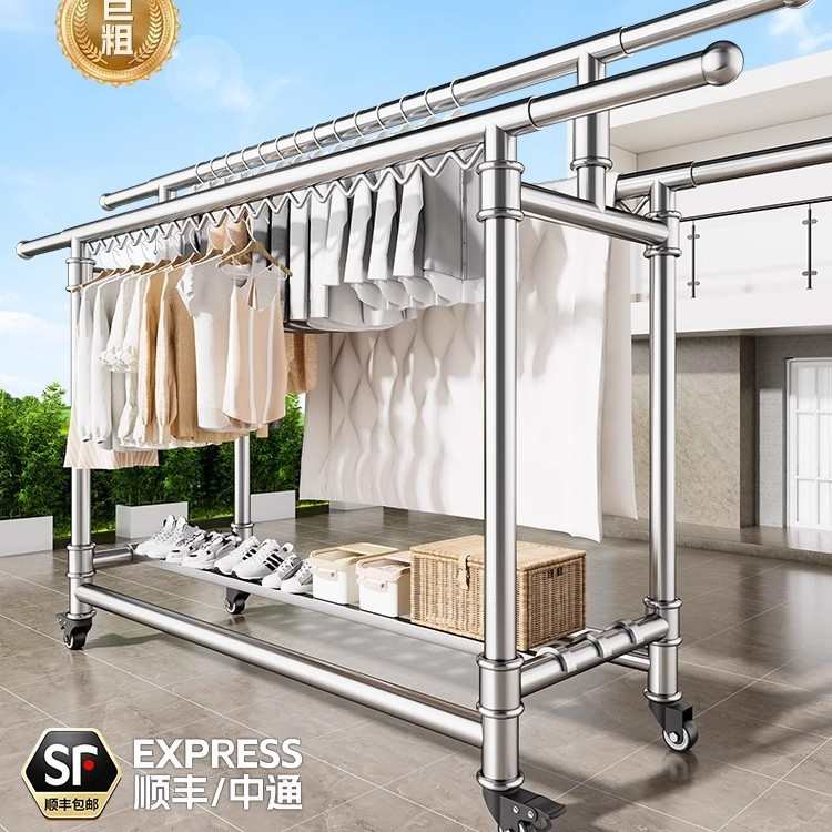凉不锈钢杆室内外晒衣服晾衣架伸缩阳台折叠移动304落地衣架家用