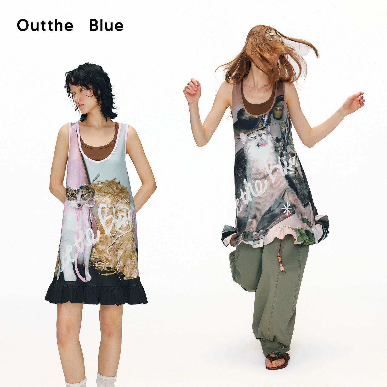 Outtheblue“猫咪厨房“生日猫猫夏季新款休闲印花荷叶边洋装女