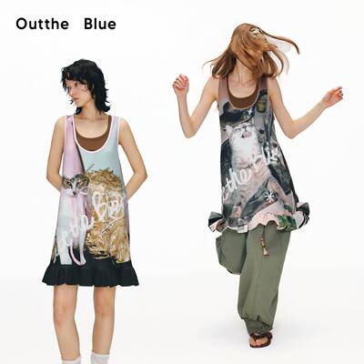 Outtheblue“猫咪厨房“生日猫猫夏季新款休闲印花荷叶边洋装女