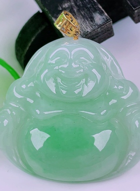 缅甸天然真品翡翠正品18k金扣头冰飘阳绿满绿闪拍佛公玉吊坠6.69g