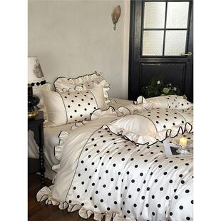 浪漫黑色波点100S长绒棉四件套全棉纯棉床单被套 法式 南通家纺