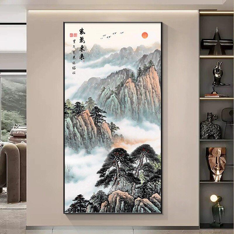 泰山背有靠山图玄关装饰画无水墨风景国画办公室走廊背景墙壁挂画