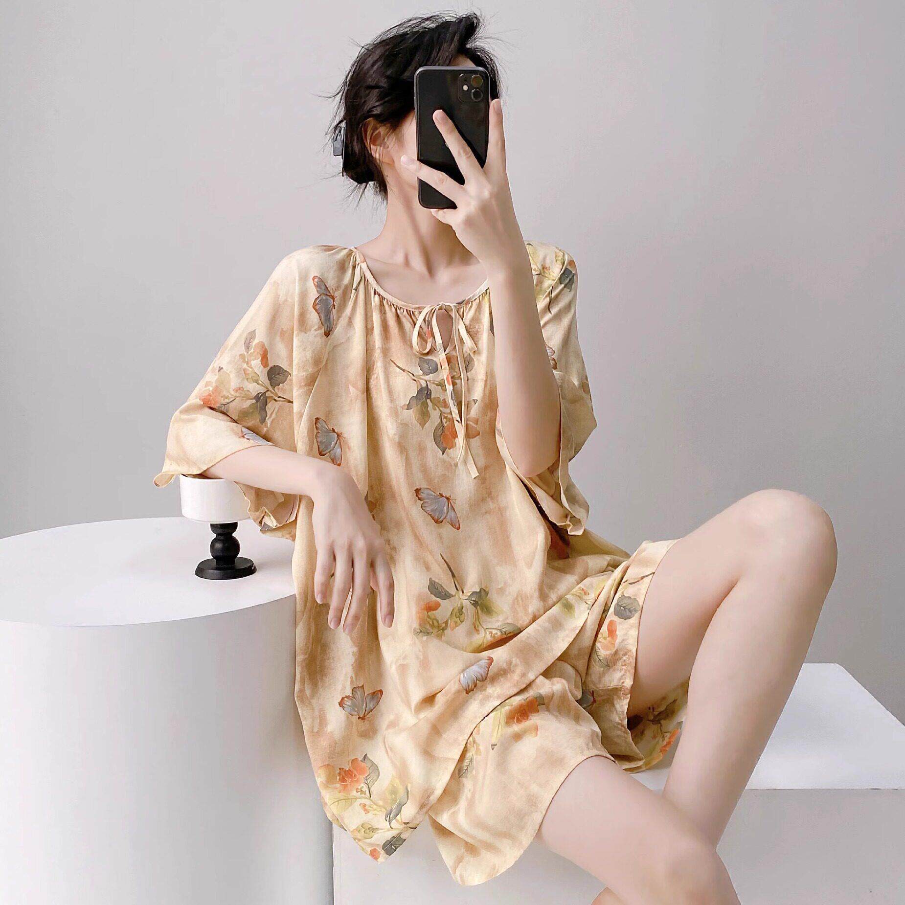 女士棉绸薄款睡衣加肥加大码中袖套装夏季人造绵胖mm凉感家居服天