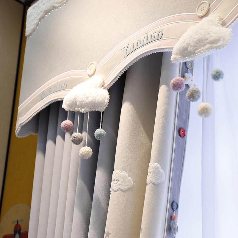 幔帘头新款蓝色云朵儿童房窗帘男孩女孩卧室房间公主卡通遮光定制