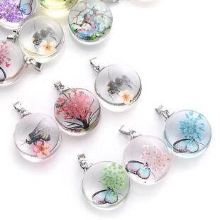 Butterfly Charm Transparent 3Pcs Glass Flower Round Pen Real