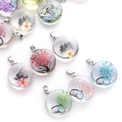 3Pcs Real Flower Butterfly Charm Transparent Round Glass Pen