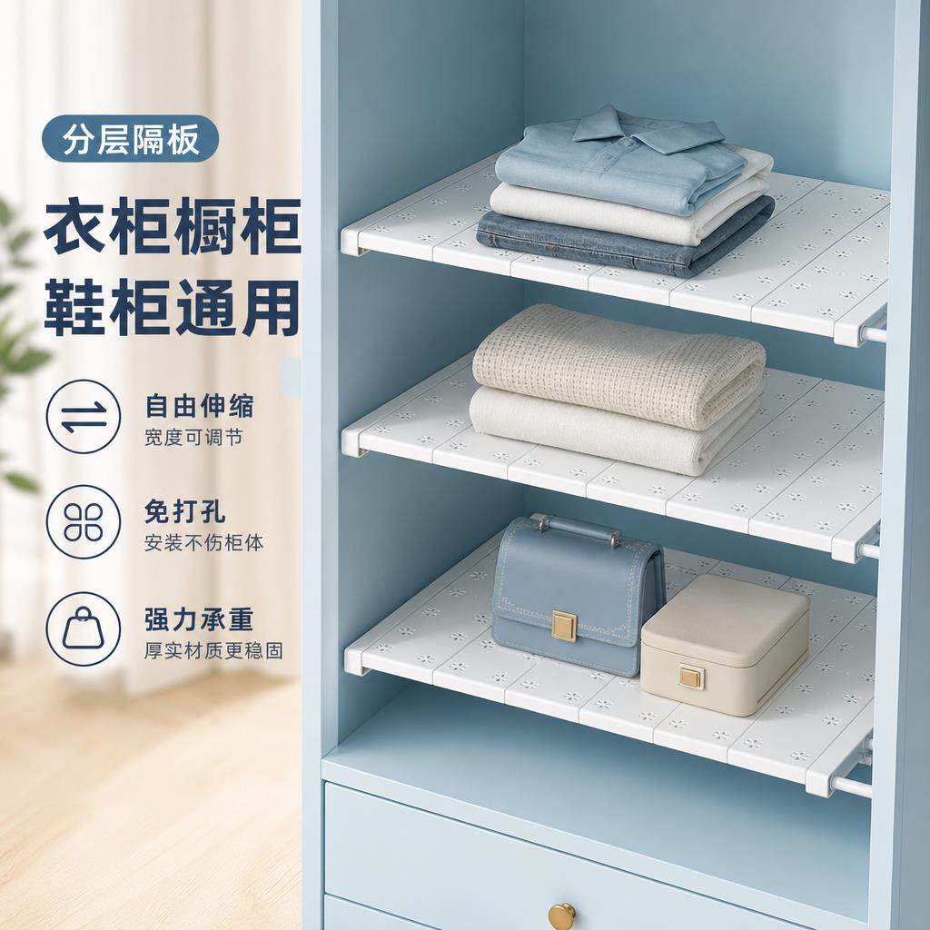 免打孔伸缩分层置物架衣柜整体橱柜鞋柜通用隔板宿舍衣橱分隔收纳