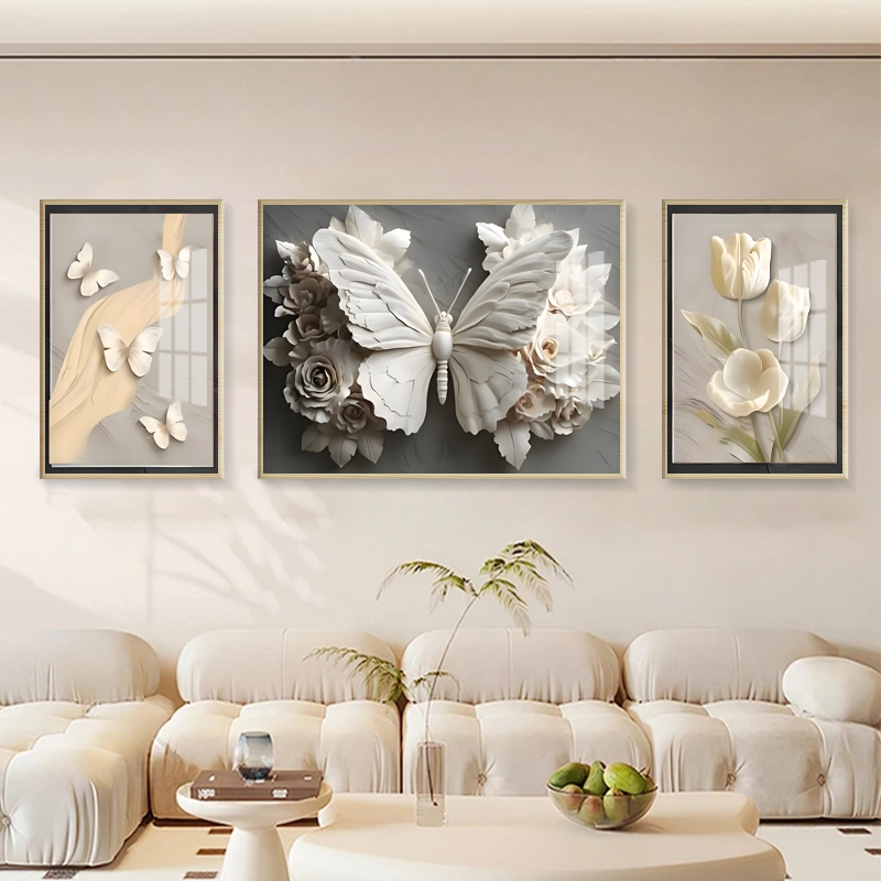 蝴蝶玫瑰客厅装饰画抽象艺术花卉立体感壁画高级感沙发背景墙挂画图片