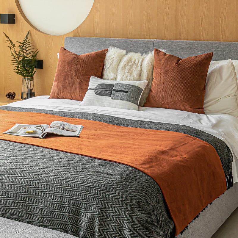 橘色系新中式现代简约样板间软装床品床头靠枕抱枕床旗搭毯多件套