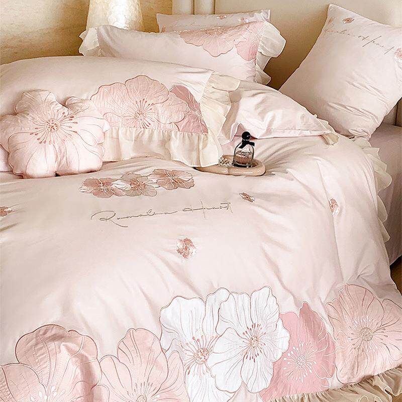 公主风花卉法式100S长绒棉贴布绣四件套全棉纯棉被套荷叶边床上用