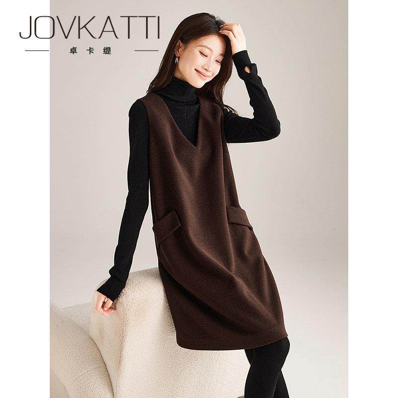 JOVKATTI秋日时尚新款简约毛呢背心裙宽松显瘦加厚V领无袖连衣裙