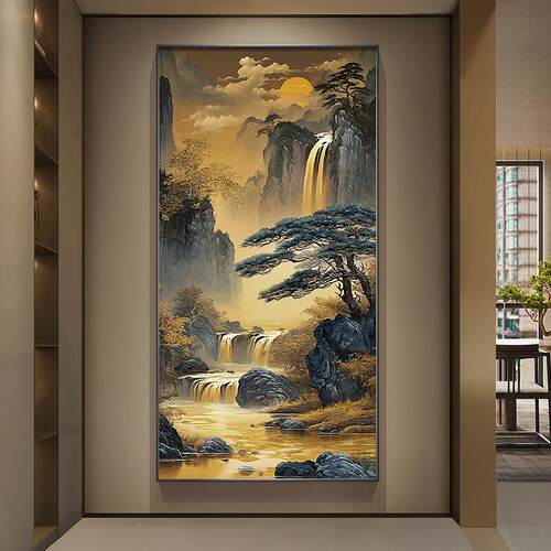高山流水生财玄关装饰画宋代美学走廊尽头壁画灯迎客松树茶室挂画