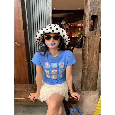 落落狷介 短袖t恤女2026新款蓝色短款显瘦上衣小个子夏季穿搭小众