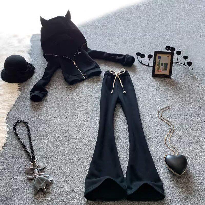 一整套ootd穿搭套装女春季连帽拉链修身短款卫衣外套微喇裤两件套
