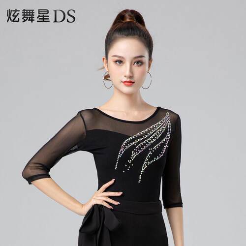 拉丁舞服女成年网纱摩登舞上衣国标舞练功服表演中袖舞衣广场舞服