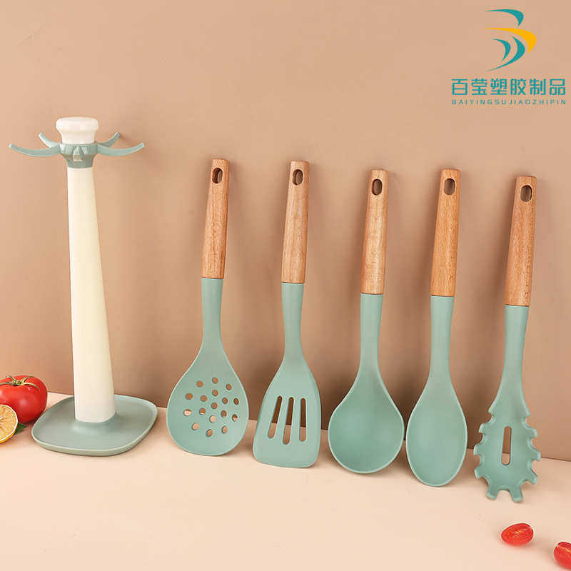 厨房用品硅胶木柄欧式不粘锅烹饪硅胶锅铲6件套蓝色耐温厨具套装