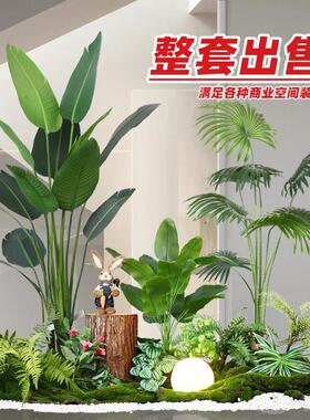 彷真绿色植物室内楼梯下造景空间转角盆栽假树彷真树景观植物造景