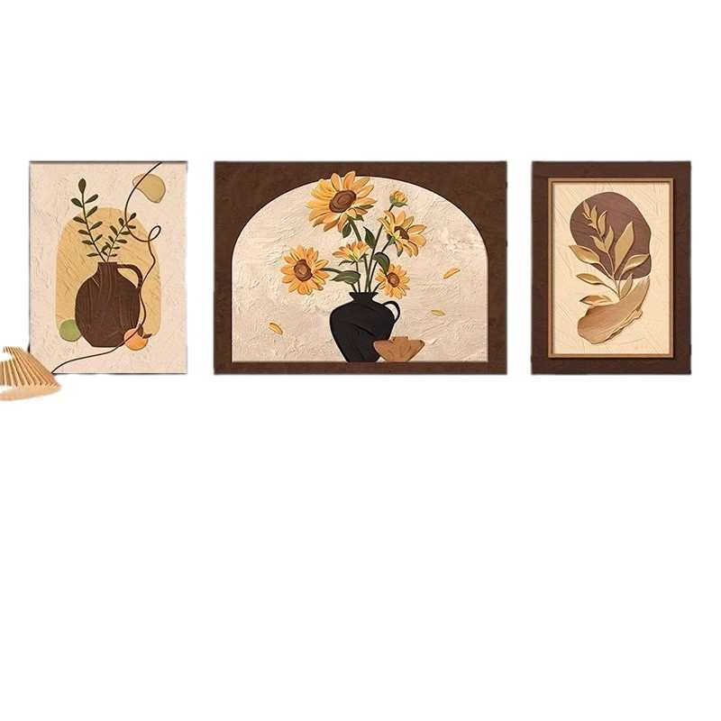 中古风向日葵客厅装饰画复古高级感沙发背景墙挂画抽象三联壁画